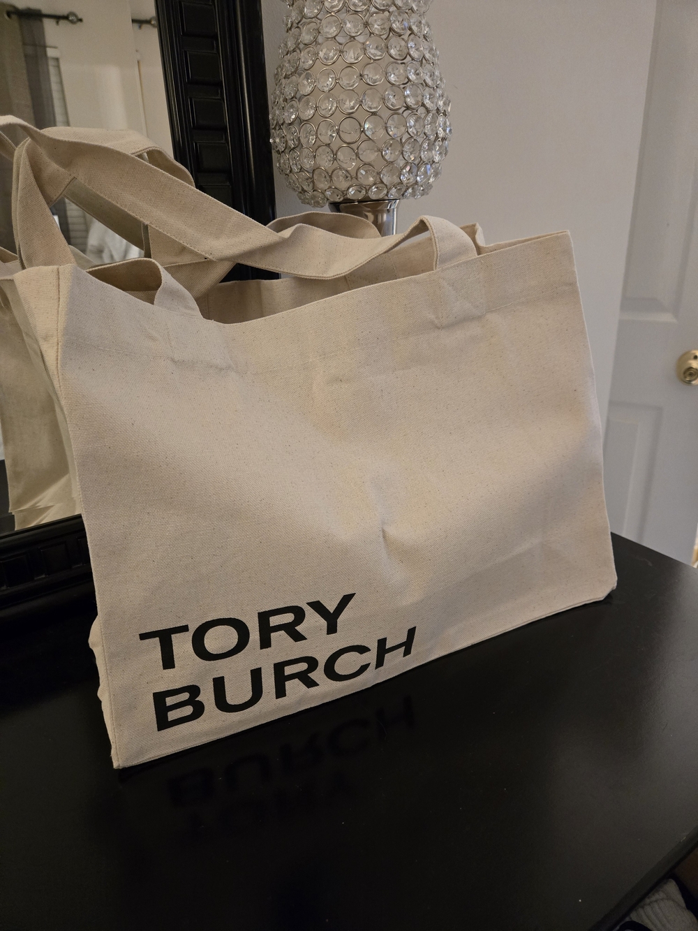 Tory Burch Natural Canvas Tote with Black Logo